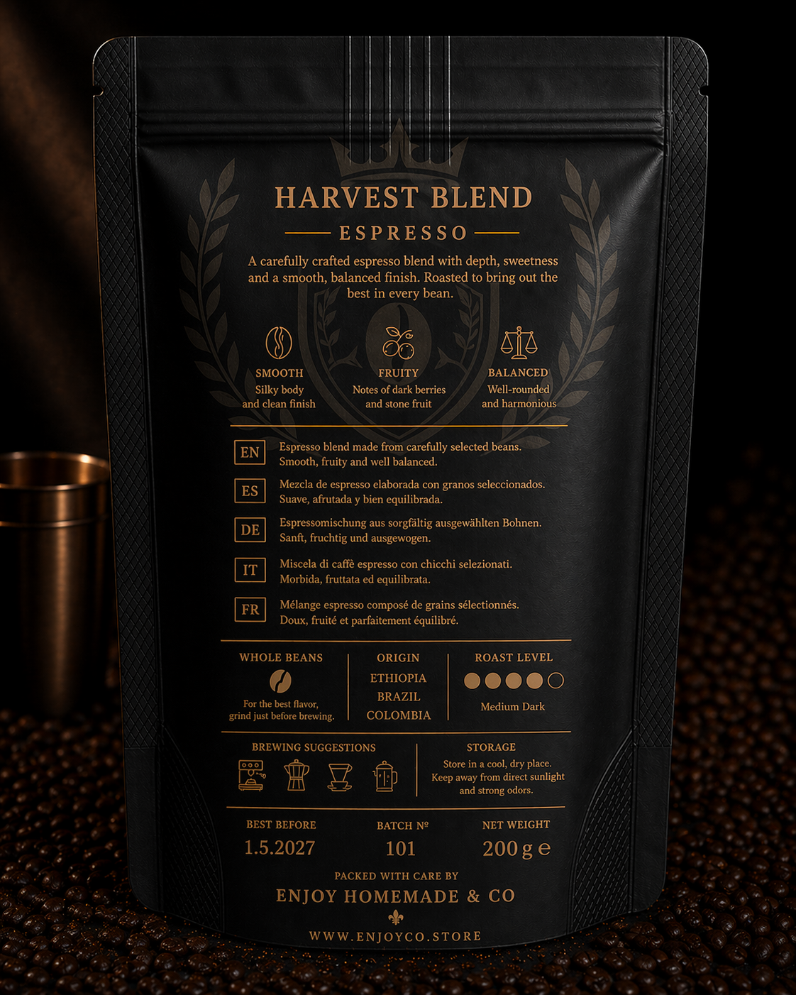 Back of pack — Harvest Blend Espresso quality detail
