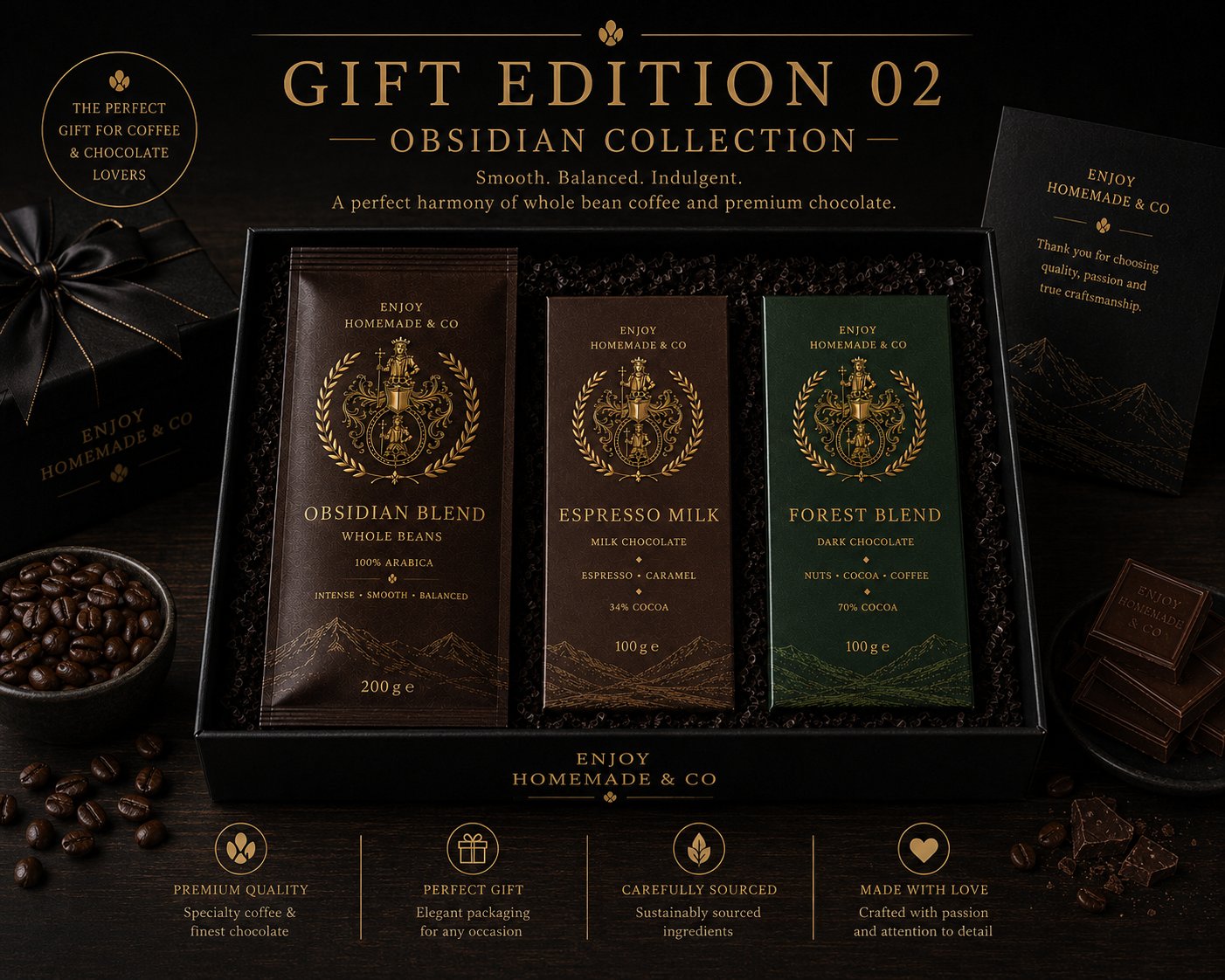 Gift Edition 02 — Obsidian Collection: Obsidian Blend Whole Beans, Espresso Milk, Forest Blend