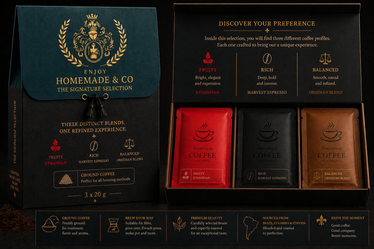 The Signature Selection — Discover Your Preference (Ethiopian · Harvest Espresso · Obsidian Blend)